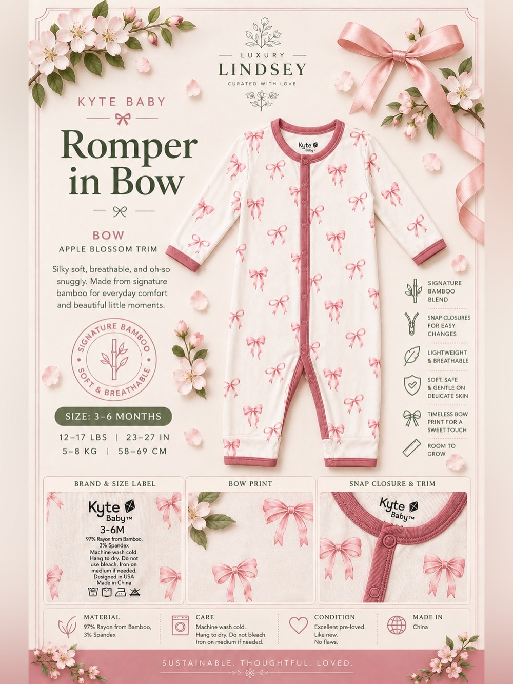 Kyte BABY Romper in Bow 🎀 Apple Blossom Trim | 3–6M